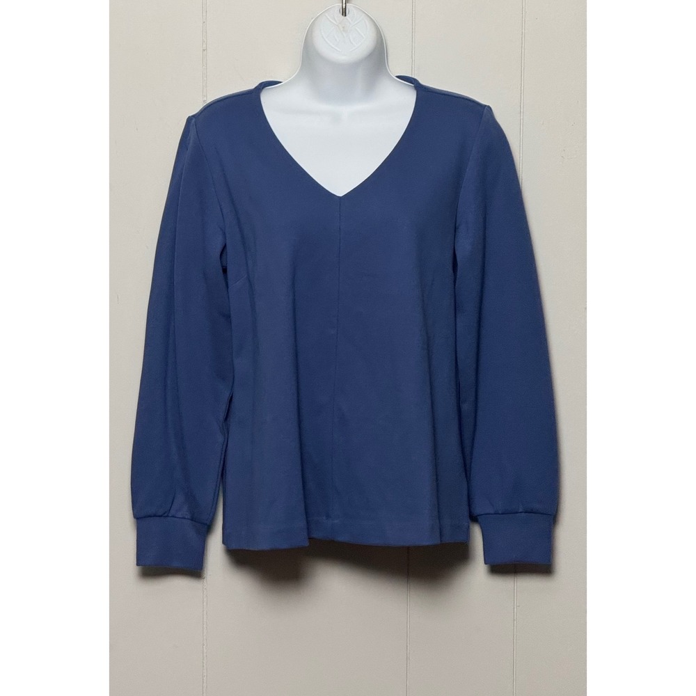 NWT Talbots Petite Blue V-Neck Long Sleeve Button Cuff Ponte Blouse Top Size SP
